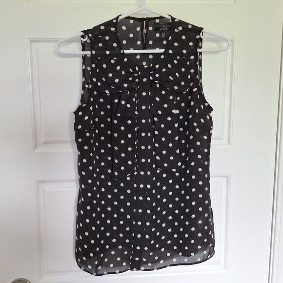 100% Silk Black and White Polkadot Sleeveless top with bow - Picture 6 of 15